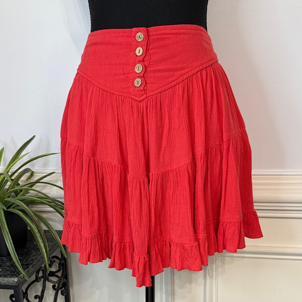 Free People Red Button-Front Crepe Full Tiered Boho Skirt S